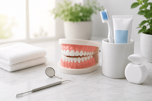 Dental tools and oral hygiene products representing preventive family dental care and long-term oral health in Burlington