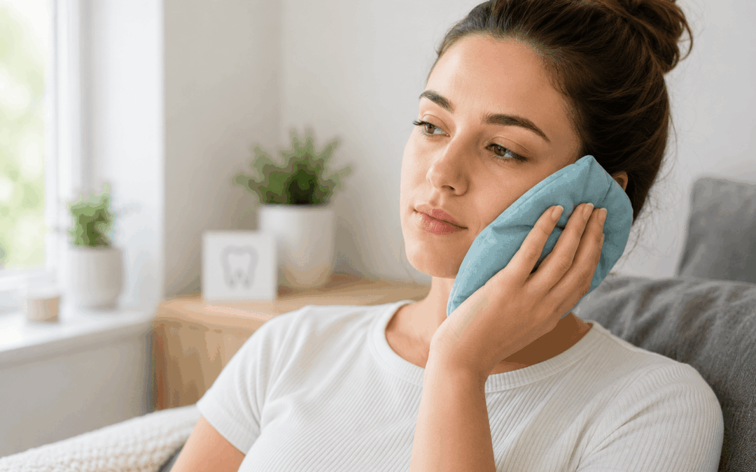 Patient holding a cold compress against her cheek after a tooth extraction