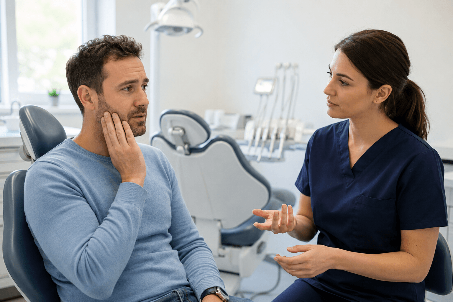 Dentist speaking with an adult patient experiencing tooth pain during an urgent dental care consultation.