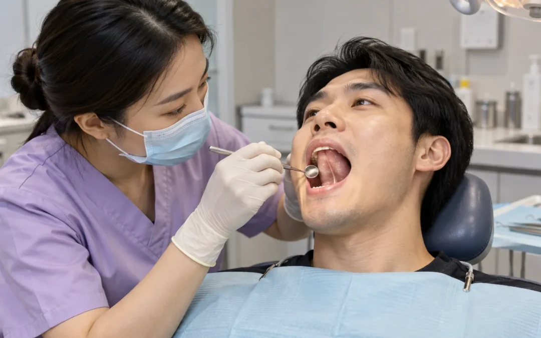 Dentist uses a dental mirror to examine the underside of an adult man's raised tongue.