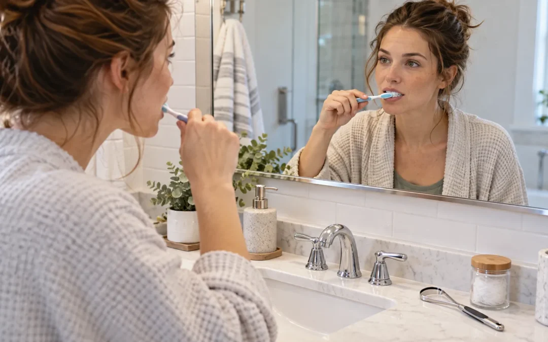 Woman brushes her teeth at a bathroom mirror with a tongue scraper on the countertop.